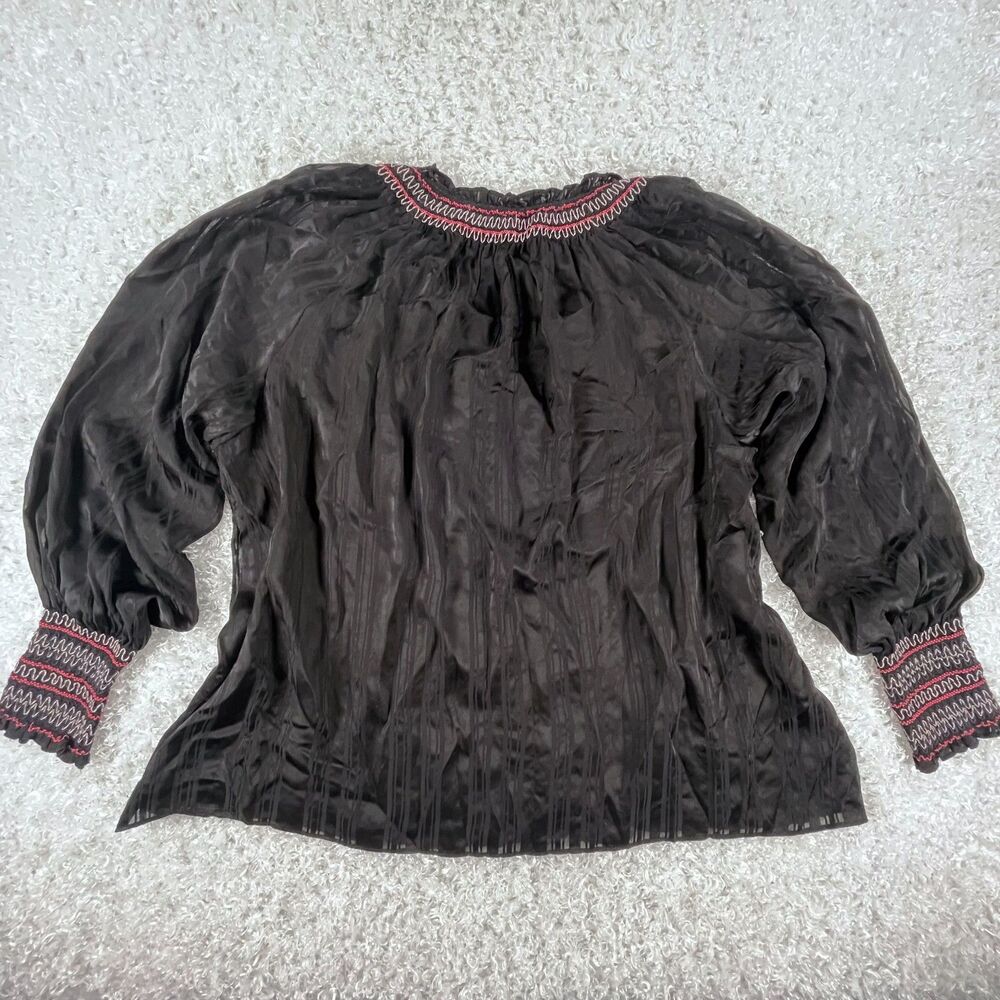 Johnny Was L Silk Zig Zag Embroidered Blouse Black Tassels Boho Peasant Top Luxe - Picture 11 of 14